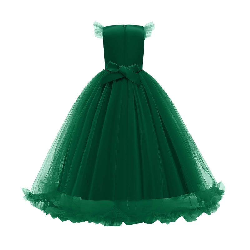 IWEMEK Big Little Girl Princess Embroidery Flower Lace Long A Line Pageant Dress Kids Floor Length Prom First Communion Bowknot Dress Puffy Tulle Ball Gown for Wedding Party Birthday Dark Green 7-8 Years - Image 3